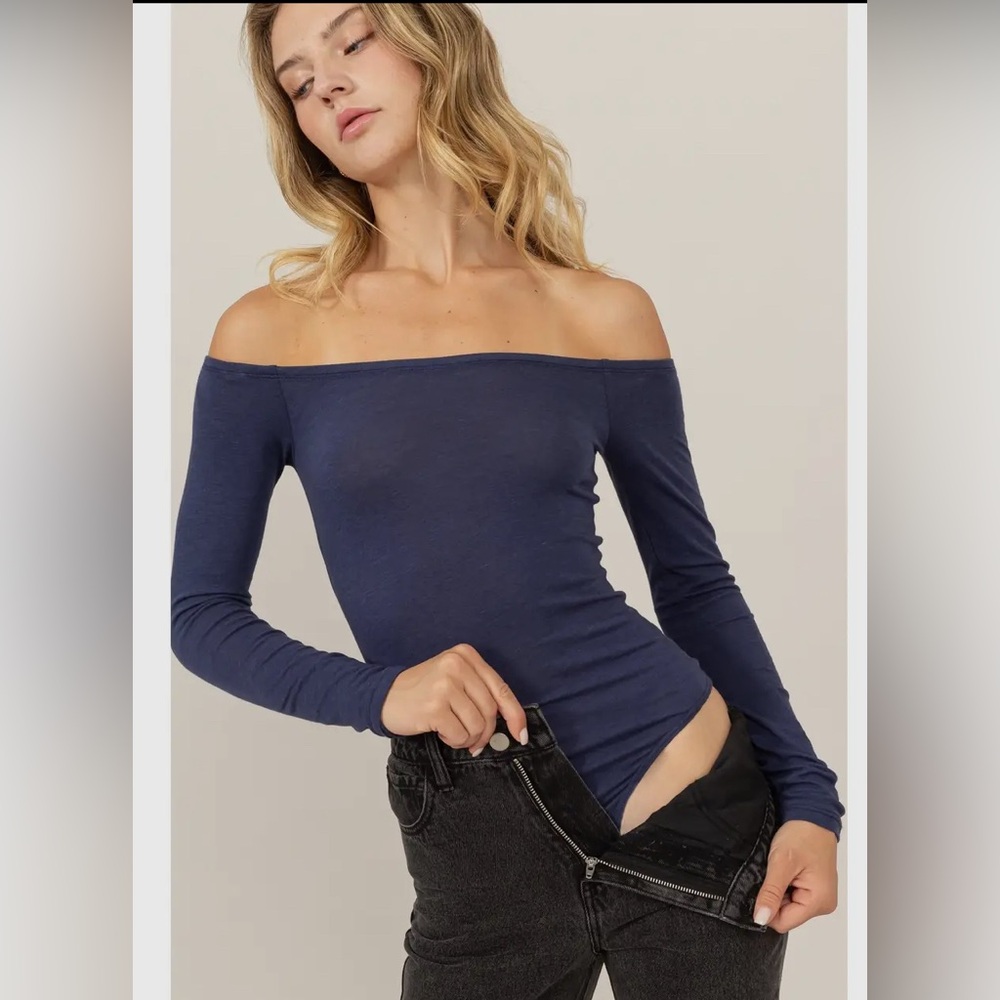 Double Zero, Off-Shoulder Long Sleeve Bodysuit Navy, Size S M L | DZ24E770_2